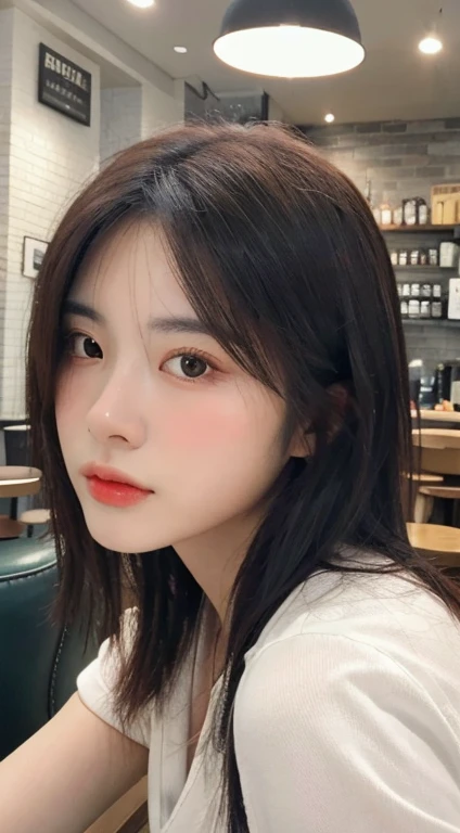 close-up of woman, Realistic. cheng yi, beautiful Korean women, sitting in a cafe、Wearing a white shirt and bow、Surrounded by a cozy atmosphere、Photo of young woman looking at viewer。gravure idol body shape , Korean Girl, Beautiful delicate face , Photorea...