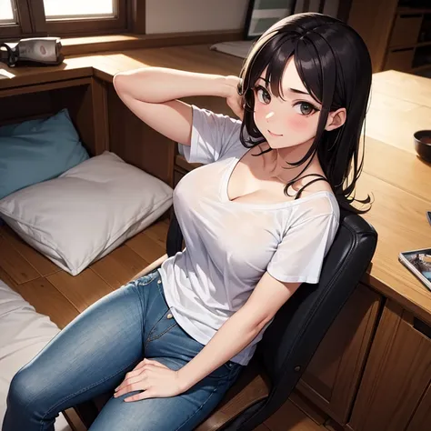 A 35 years old women wearing dry goods v-neck T-shirt and jeans pants, horny face,looking at viewer