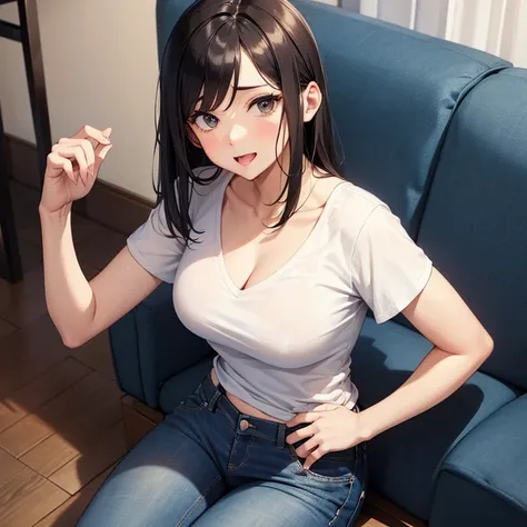 A 35 years old women wearing dry goods v-neck T-shirt and jeans pants, horny face,looking at viewer