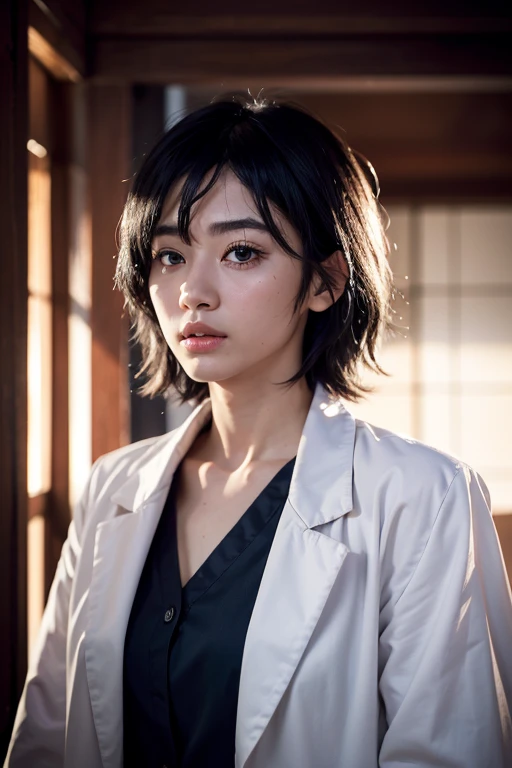 { Portrait, RAW photo, Extremely Realistic, ultra-detailed, 8K} { beautiful, masterpiece, best quality, depth_of_field, perfect lighting, Best Quality, (ultra-detailed) } { japaness woman, alone, 28-years-old, } {black hair, short hair, messy hair, parted ...