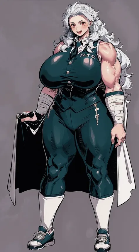 noi, nun, big breast,white boots, pants,cloak, musclegirl, standing,, smile, long hair, catedral, vest, portrait, full body, thick thighs, thick arms, wide hips,pants, large breast,refsheet