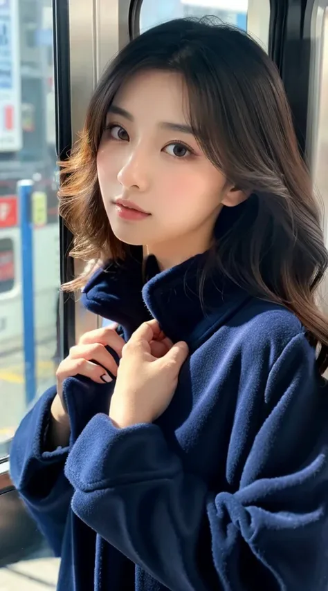 woman wearing a dark blue coat、long-sleeve