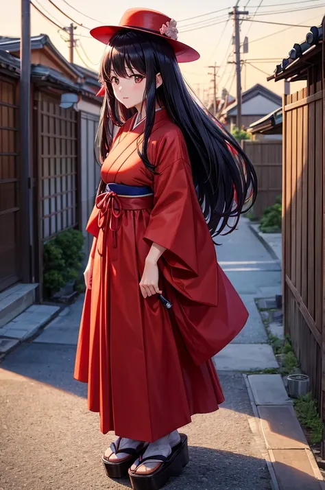 Japanese residential area at sunset、A large bright red wide-brimmed hat、wearing a bright red dress、A tall woman with long black hair、Have a flyer