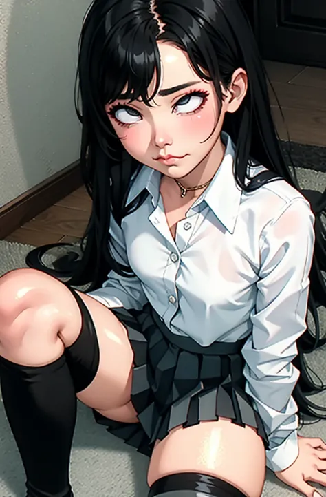 (full figure:1.1), 1 girl as yukino yukinoshita, absurdres, highres, solo, school uniform, small breasts, waist long black hair, (twintails:0.5), (pleated miniskirt:1.4), (black thighhigh socks:1.4), loose red ribbon, unbuttoned white shirt, (ahegao:1.5), ...