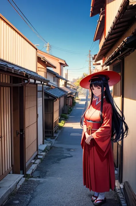 Japanese residential area at sunset、A large bright red wide-brimmed hat、wearing a bright red dress、A very tall woman with long black hair、Have a flyer