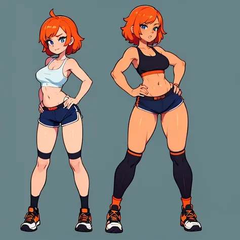 sexy woman, short orange hair, blue sports bra, black shorts, tiny shorts, soandex shorts, tight shorts, knee high socks, black ...