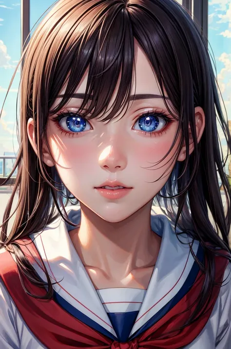 (hyper realisitic), (8K), (Extremely detailed), (Best Illustration), (Beautiful detailed eyes), (Best Quality), (Ultra-detailed), (masutepiece), (Wallpaper), (Detailed face),Anime girl looking out the window at school, Beautiful Anime Portrait, lofi portra...