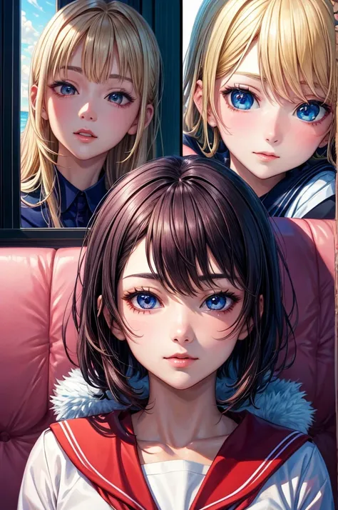 (hyper realisitic), (8K), (Extremely detailed), (Best Illustration), (Beautiful detailed eyes), (Best Quality), (Ultra-detailed), (masutepiece), (Wallpaper), (Detailed face),Anime girl looking out the window at school, Beautiful Anime Portrait, lofi portra...