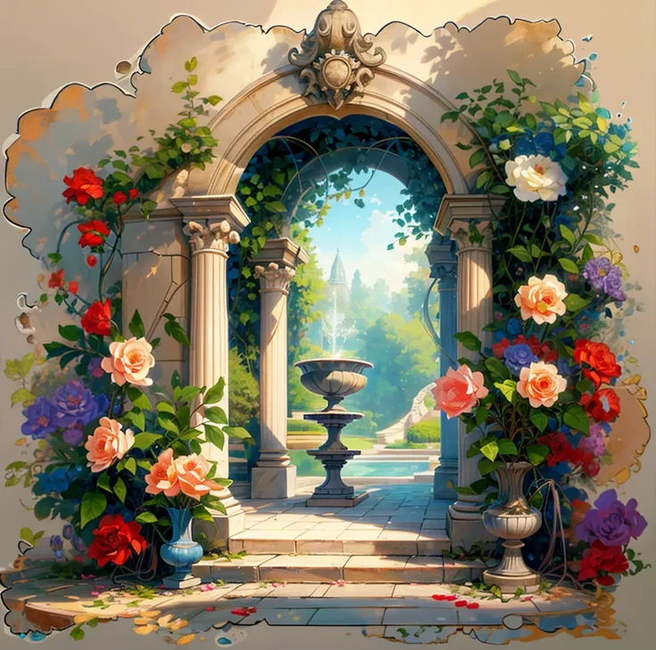 There is a garden，There are fountains and flowers, portal made of roses, romantic art style, landscape artwork, A beautiful artistic illustration, Fountains and arches, royal garden background, Rose garden, beautiful artist rendering,