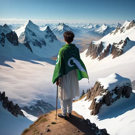 A boy stand on mountain with Pakistan flag