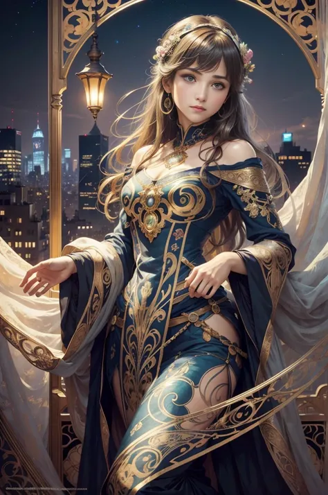 Highly detailed eyes、nase、Beautiful work々eyes and face、Beautifully dressed girl with long eyelashes and two skirts、sexy  pose、Bright background、Night view of the city、super realistic studio light, Colorful and mysterious atmosphere、Awesome concept art、Alph...