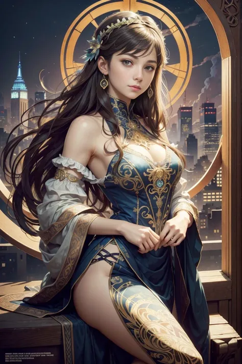 Highly detailed eyes、nase、Beautiful work々eyes and face、Beautifully dressed girl with long eyelashes and two skirts、sexy  pose、Bright background、Night view of the city、super realistic studio light, Colorful and mysterious atmosphere、Awesome concept art、Alph...