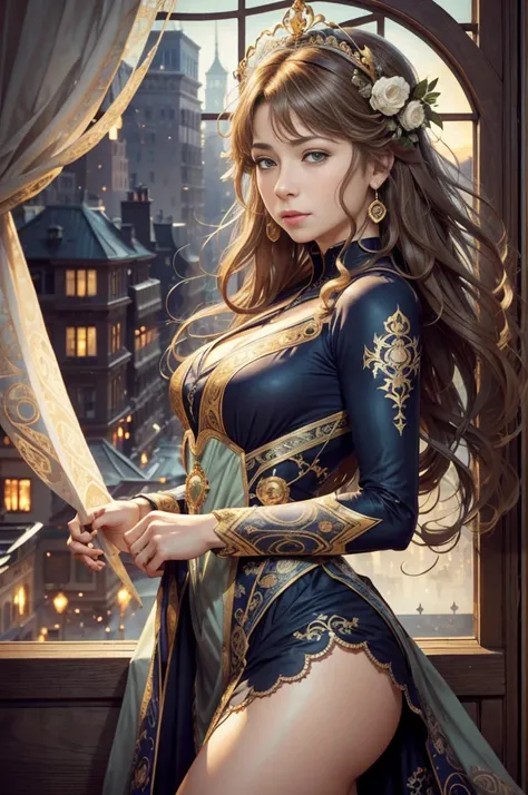 Highly detailed eyes、nase、Beautiful work々eyes and face、Beautifully dressed girl with long eyelashes and two skirts、sexy  pose、Bright background、Night view of the city、super realistic studio light, Colorful and mysterious atmosphere、Awesome concept art、Alph...