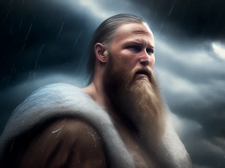 Foto realista galardonada de Ragnar Lodbrok (mirando hacia el cielo: 1.3), expression that conveys a feeling of satisfaction and victory, fuerte lluvia cayendo sobre su rostro, hiper detallada (mirando hacia el cielo: 1.3),