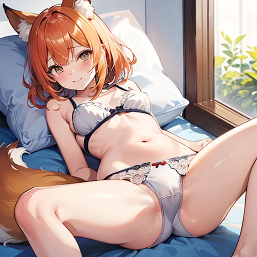 masutepiece, Best Quality, Highly detailed, 1girl with, Solo, Orange hair, fluffy hair, blush, Brown eyes, flower, Fox ears, 狐のgirl with,girl with　invite　a smile　Pubic hair shows through　hairstyle on、short、、small tits、Sareme、、unwear、Lie down and spread you...