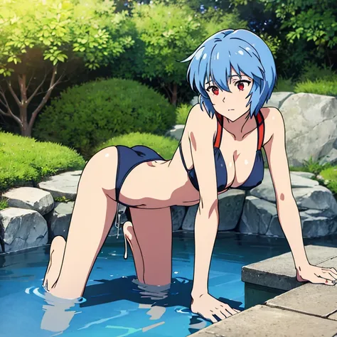 Rei Ayanami,all-fours,Teary-eyed,Turning a blind eye,tits out,Drenched,ssex,A man is putting his cock in her pussy from behind