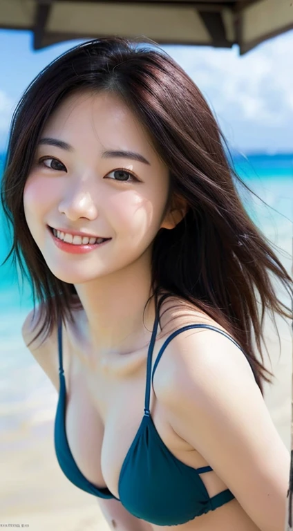 Generate a full-body portrait of someone posing to emphasize their chest like a gravure idol taking a photo at the beach in Hawaii.。Bikini swimwear, gravure idol body shape , E Cup Bust , Beautifully extended limbs down to the last detail , Close-up of a w...