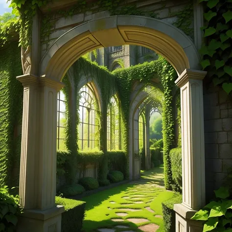 Underworld，A green maze made of ivy，Set in the beautiful gardens of a fabulous castle on a wooded hilltop,Faraway view,Overlooking，rays of sunshine，downy