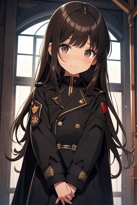 top-quality, Top image quality, Brown hair, Girls have long hair, Straight, Brown eyes, childish, 8years old, shush, drooing eyes, gently smiling,((Black long coat)),  ((Black military uniform)),