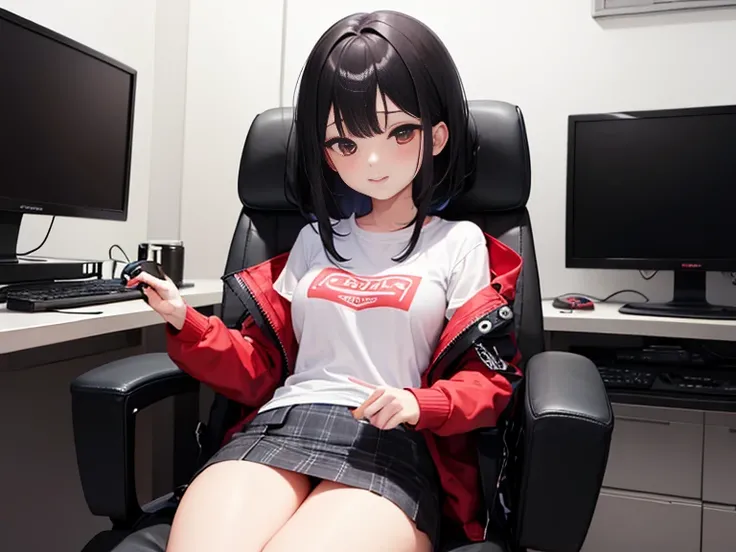 ​masterpiece　最hightquality　hightquality　One pretty woman　a smile　gamingroom　darkened room　Monitor Light　inside in room　parka　checked skirt　Medium Hair　Game Distributor　Gaming Chair　sitting on