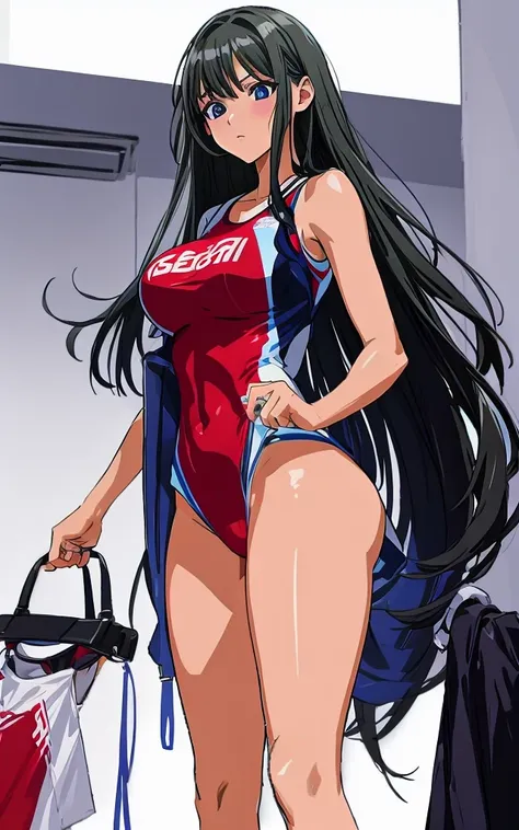 A beautiful woman with long black hair, big breasts, and beautiful legs is standing in the changing room in a red competitive swimsuit.。