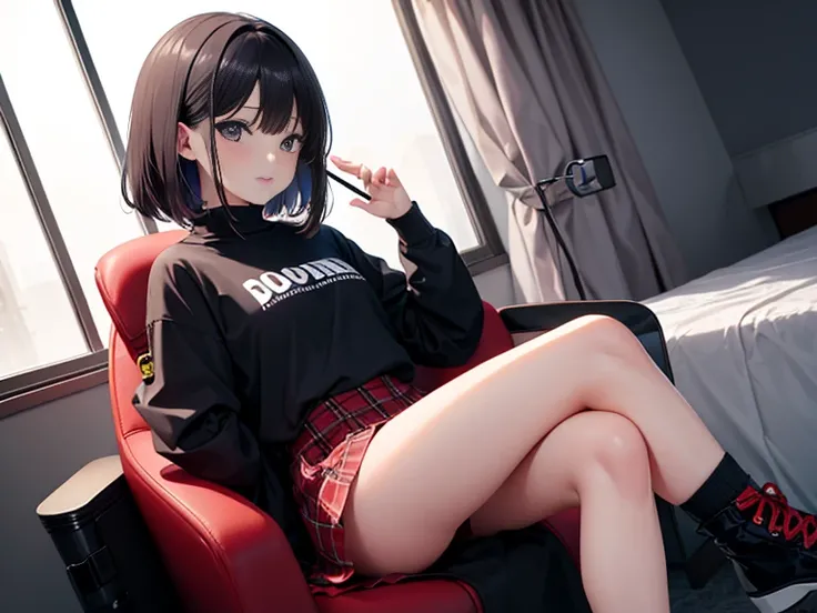 ​masterpiece　最hightquality　hightquality　One pretty woman　a smile　Energy Drinks　gamingroom　Delivery room　　darkened room　Monitor Light　inside in room　parka　checked skirt　Medium Hair　Game Distributor　Gaming Chair　sitting on