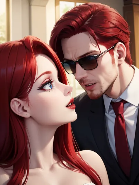 A red-haired man wearing sunglasses looks into the eyes of a red-haired, blue-eyed woman, red lipstick. Perfect wedding scene The details are clear. Up to 8k resolution, perfect details. perfect face