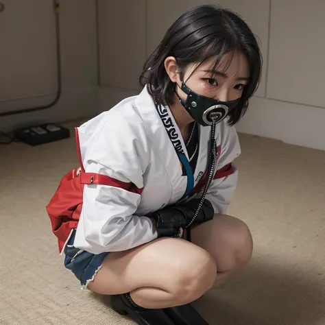 nsfw, japanes, female college student, bdsm, bound, plug gag, blushing, crying face, squatting, restrained, shackles, trembling,...