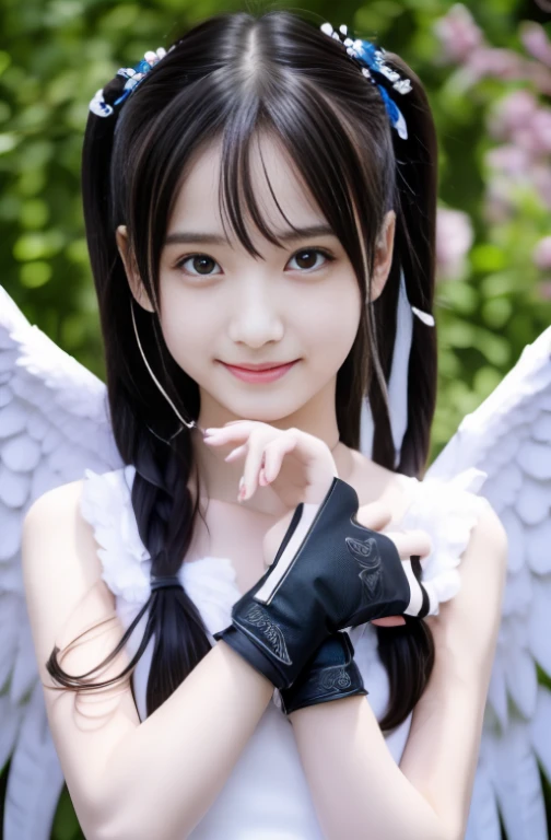 (masterpiece), bestquality, high-res, skull, long-haired, Black eye, Black Hair, facial mark, Forehead marker, gloves, White wings, choker, bracelet, rings, body hair, white winged angel, Straight face, (Forrest:1.1), stand, 14 years old