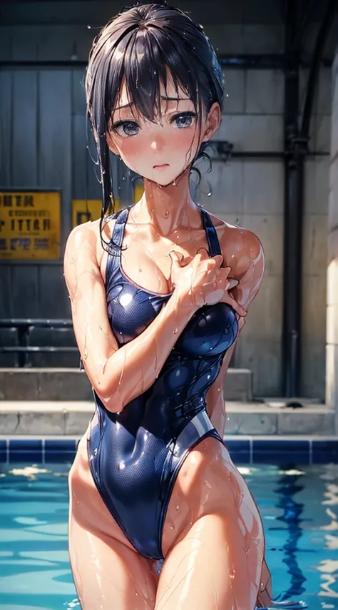 (16 K、top-quality、​masterpiece), （Superfine), (Meticulous portrayal), ((perfect depiction of the body)), ((perfect depiction of limbs)),(((One limb on each side))),  ((Detailed and perfect depiction of a beautiful face)),  ((Navy blue competitive swimsuit)...