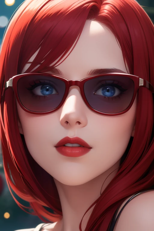 A red-haired man wearing sunglasses looks into the eyes of a red-haired, blue-eyed woman, red lipstick. A perfect Christmas scene The details are clear. Up to 8k resolution, perfect details. perfect face