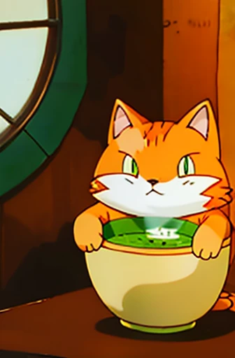 Long hair orange cat with a white chin. holding a bowl of pea soup.