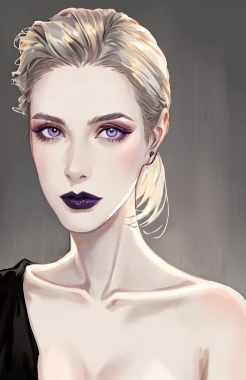 arafed woman with a dark lip and a dark lipstick, with pale skin, Editorial Portrait, editorial model, faint smile dark lipstick, pale skin and purple eyes, inspired by Emma Andijewska, porcelain pale skin, pale skin and dark eyes, an epic non - binary mod...