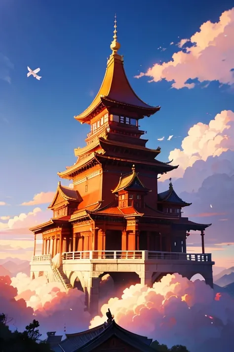 There is a red roof，There is a bird on it，The background is a mountain, Anime beautiful peaceful scene, beautiful anime scenes, Anime landscapes, anime backgrounds, a temple background, beautiful anime scenery, anime scene, background depicting a temple, a...