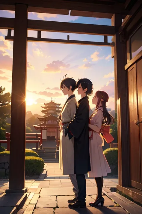 A couple standing on a stone pathway in front of a building in an anime scene, Natsumes Friends Account, anime scene, beautiful and peaceful anime scene, beautiful anime scenes, todays recommended anime is still, opening scene, in front of a temple, Inari ...