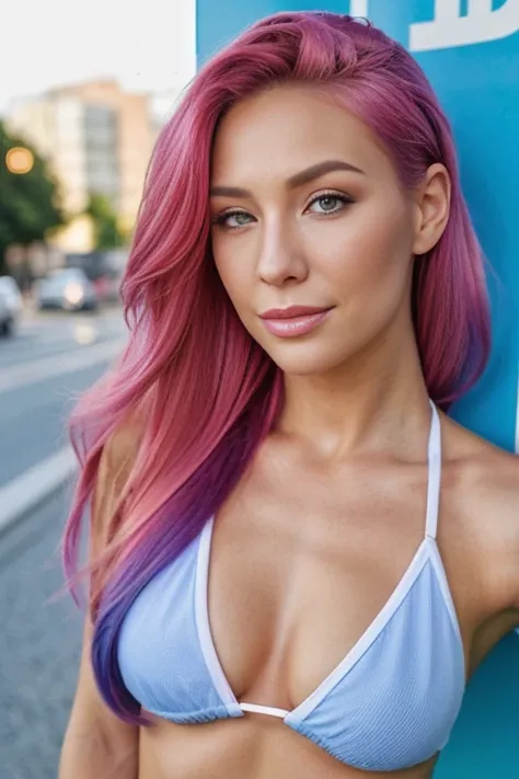 High-resolution, close-up hot portrait of fitness Instagram model, colorful hair