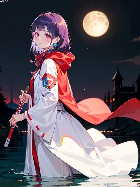 ((((DQ2 Moonberg Princess)))), ((1little girl)), solo, 13yo, (((deep purple hair))), ((Blunt bangs)), (Fluffy long hair), (Deep red eyes), ((((red hood)))), (Lotto emblem on the hood), (((purple red stole))), Pearl earrings, (((White robe with red edging))...