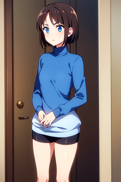 1girl, blue eyes, light brown hair, short fluffy hair, long sidelocks, small breast, strict look, blue sweater, short sleeves sweaters, long bottom sweaters, white turtleneck, long sleeves turtleneck, black bike shorts, blue berets