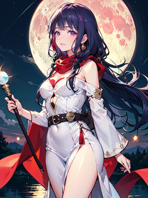 ((((DQ2 Moonberg Princess)))), ((1little girl)), solo, 13yo, (((deep purple hair))), ((Blunt bangs)), (Fluffy long hair), (Deep red eyes), ((((red hood)))), (Lotto emblem on the hood), (((purple red stole))), Pearl earrings, (((White robe with red edging))...