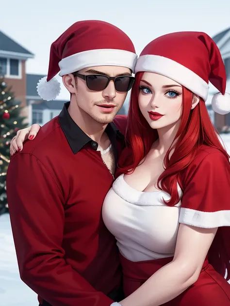 Red-haired man wearing sunglasses natural lip color Arm around a woman with red hair, blue eyes, red lipstick. Christmas scene. Perfect face wearing a Santa hat. The details are clear. Up to 8k resolution, perfect details. perfect face