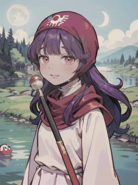 ((((DQ2 Moonberg Princess)))), ((1little girl)), solo, 13yo, (((deep purple hair))), ((Blunt bangs)), (Fluffy long hair), (Deep red eyes), ((((red hood)))), (Lotto emblem on the hood), (((purple red stole))), Pearl earrings, (((White robe with red edging))...