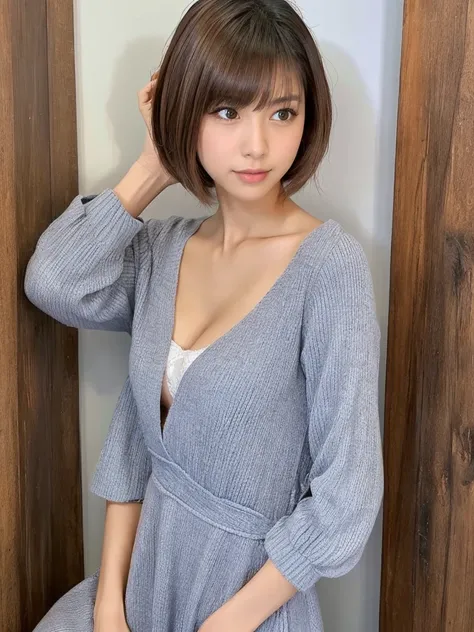 Similar to Jun Hasegawa、Shorthair、超A high resolution、(Photorealsitic:1.4)、女の子1人, Casual dress、Dynamic Pose,selfee、The upper part of the body、No background、cleavage、