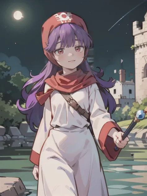 ((((DQ2 Moonberg Princess)))), ((1little girl)), solo, 13yo, (((deep purple hair))), ((Blunt bangs)), (Fluffy long hair), (Deep red eyes), ((((red hood)))), (Lotto emblem on the hood), (((purple red stole))), Pearl earrings, (((White robe with red edging))...