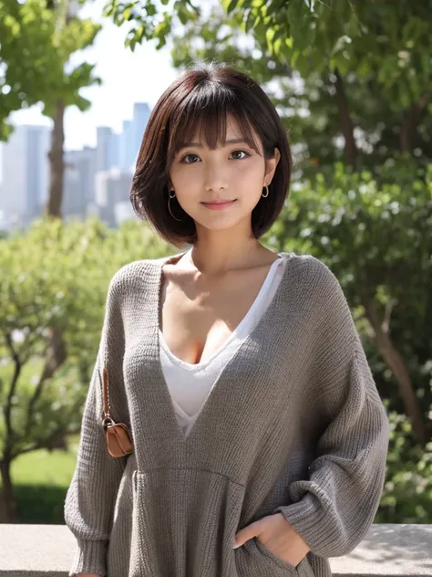 Similar to Jun Hasegawa、Shorthair、超A high resolution、(Photorealsitic:1.4)、女の子1人, Casual dress、Dynamic Pose,selfee、The upper part of the body、No background、cleavage、