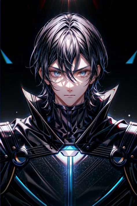 1boy,  black hair, black omega armor, blue eyes, hair between eyes, cool pose,cool background  stylish outfit ,trending on artstation, 8k resolution, highly detailed, anatomically correct, sharp image, digital painting, concept art, trending on pixiv, styl...