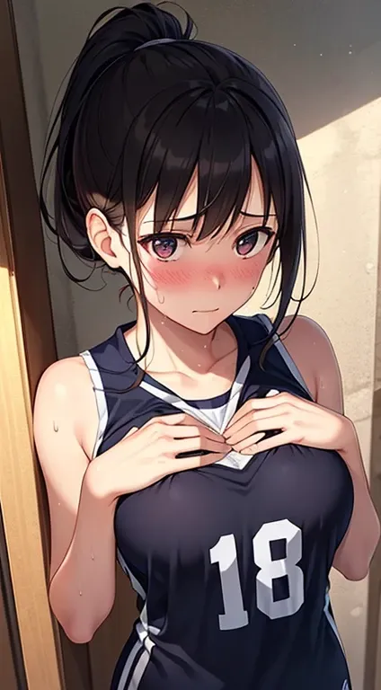 Realistic,、One wall, Wide Angle,1girl in、Black ponytail, Shy, embarrassed, blushed, Wide Angle, POV, From  above, llight rays, Glow, (masutepiece), 18year old、face to the viewer、Bring your chest together、Focus on the chest、Volleyball Uniforms、Wearing sweat