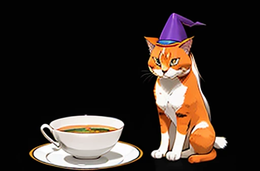 Psychic type Longhair orange cat, with a white chin, wearing a pointy purple wizard hat with stars on it, sitting in front of an empty bowl of soup drawn in the style of a Pokémon card. The background looks like a Japanese dinning room.