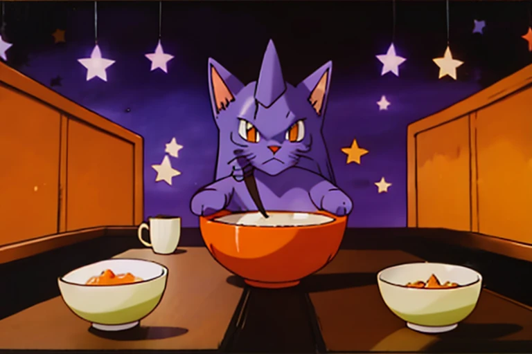 Psychic type Longhair orange cat, with a white chin, wearing a pointy purple wizard hat with stars on it, sitting in front of an empty bowl of soup drawn in the style of a Pokémon card. The background looks like a Japanese dinning room.