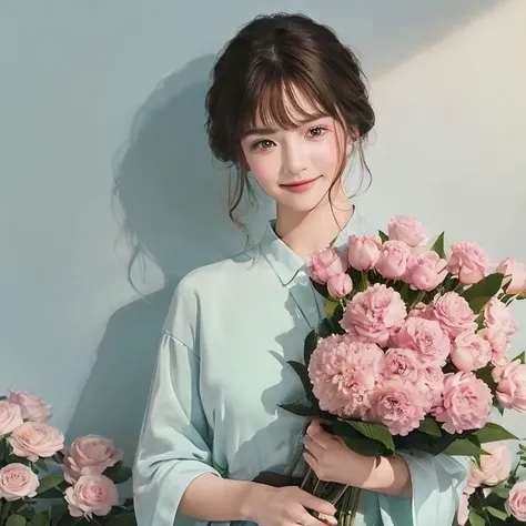 beautiful girl, brown hair in a bun, brown eyes, wearing a green dress, holding flowers