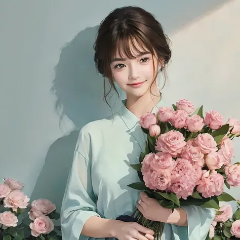 beautiful girl, brown hair in a bun, brown eyes, wearing a green dress, holding flowers